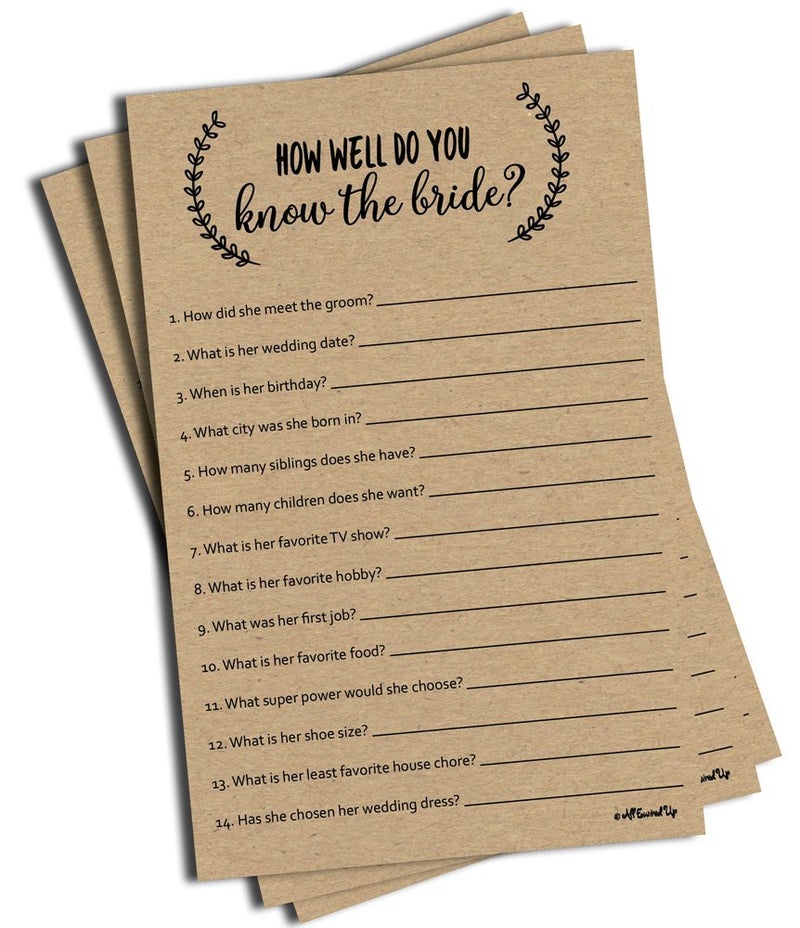 All-Ewired-Up How Well Do You Know The Bride - Kraft (50-Sheets) Rustic Bridal Wedding Shower or Bachelorette Party Game, Who Knows The Bride Best Couples Guessing Question Pack Engagement (Large Sheet Size) - Image 1